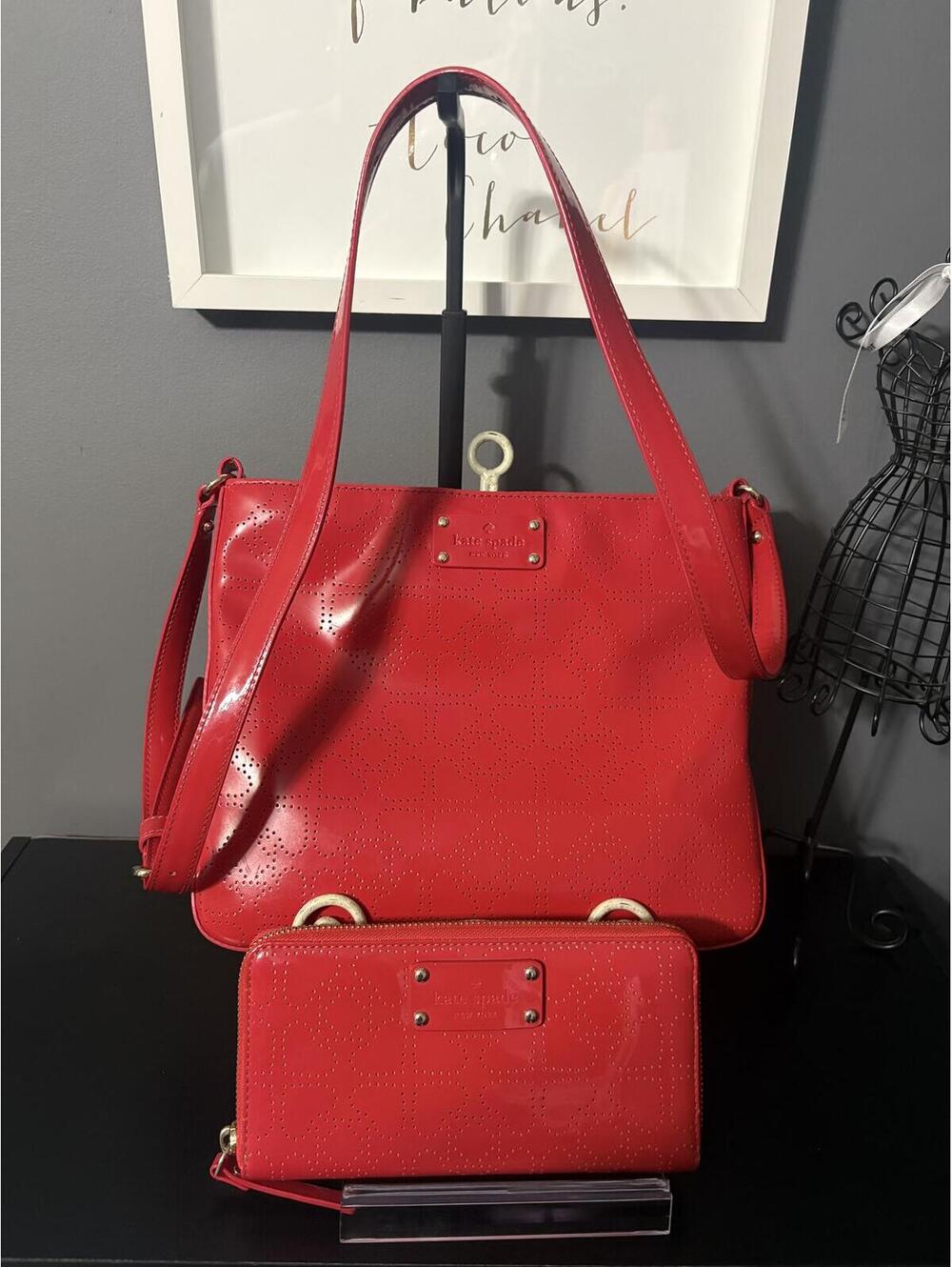 Kate Spade Red Perforated Spade Patent Leather Shoulder Bag & Wallet Set